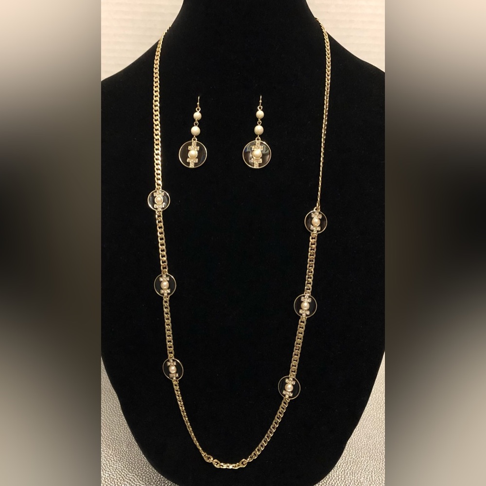 28” Vintage SHB Gold Tone Chain Necklace Black Dangle Earrings  Jewelry Set #9